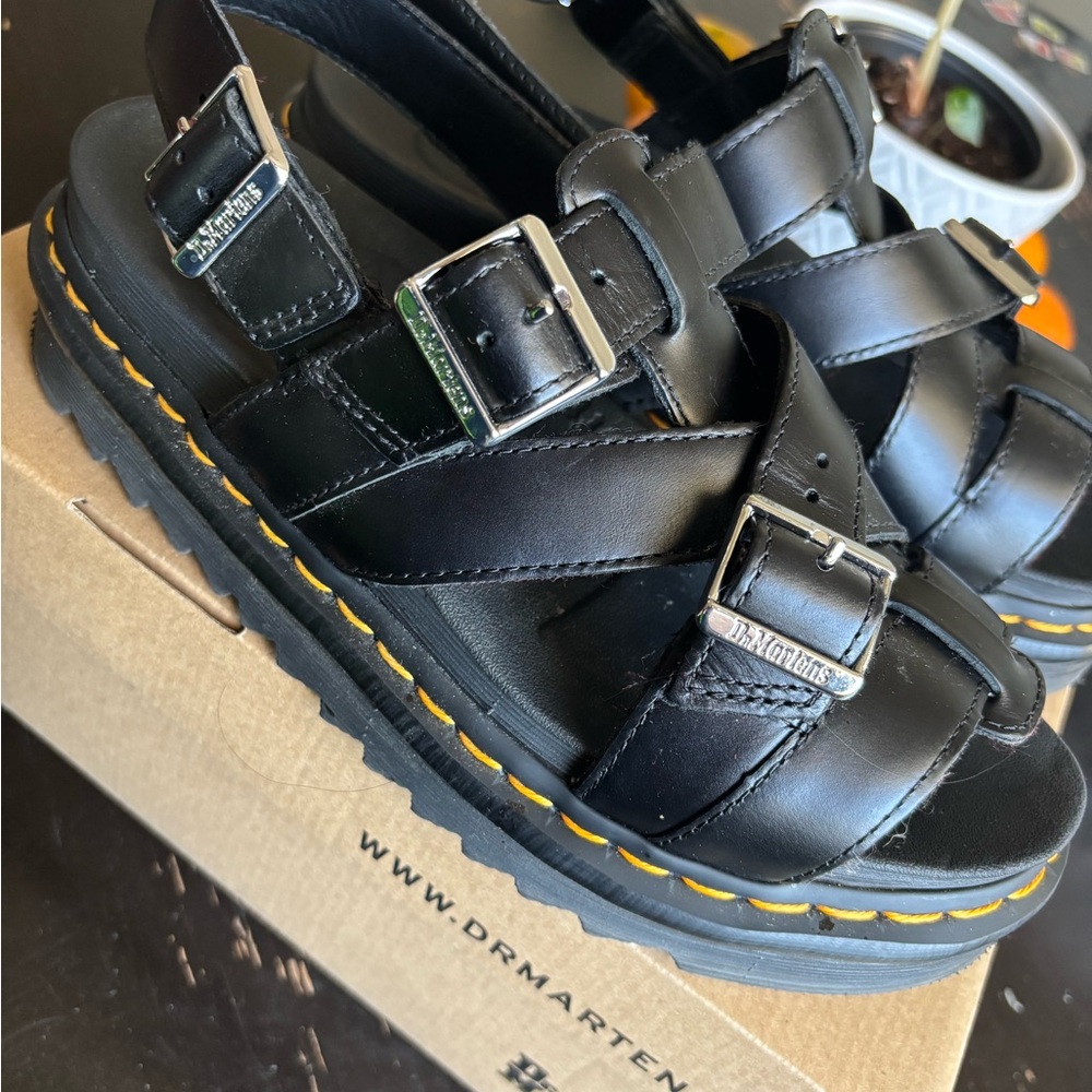 Dr. Martens Black Leather Buckle Sandals with Yellow Stitching